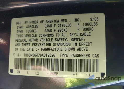 2006 Honda Accord 2.4 Lx z USA, uszkodzony, nr VIN 1HGCM56476A019528